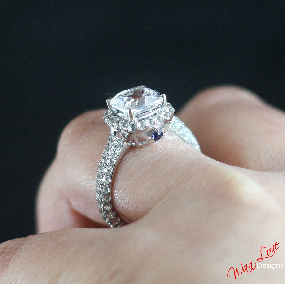 White Sapphire Cushion Engagement Ring, 3 Sided Shank, Band, Blue Peek a Boo, 3ct,8mm,14k 18k White Yellow Rose Gold-Platinum-Custom-Wedding