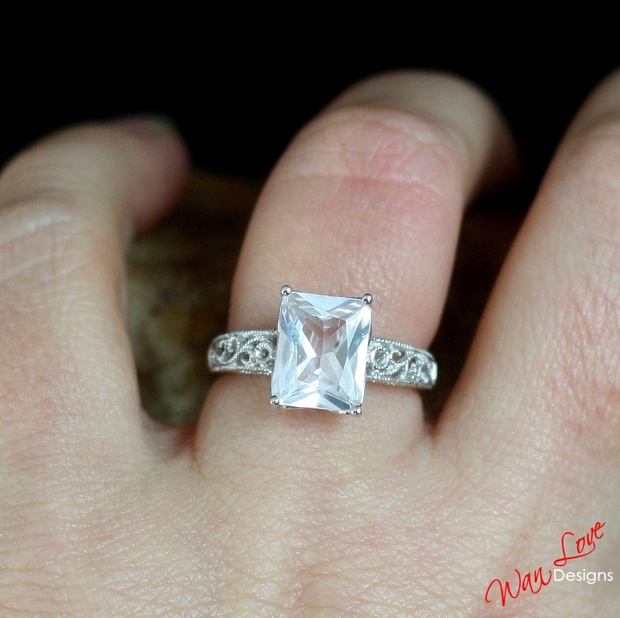 White Sapphire Filigree Milgrain Solitaire Engagement Ring-Emerald-4ct-10x8mm-Silver Rhodium-Wedding-Sz 6.5-Anniversary Gift-Ready to ship