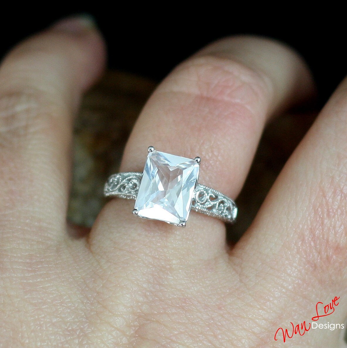 White Sapphire Filigree Milgrain Solitaire Engagement Ring-Emerald-4ct-10x8mm-Silver Rhodium-Wedding-Sz 6.5-Anniversary Gift-Ready to ship