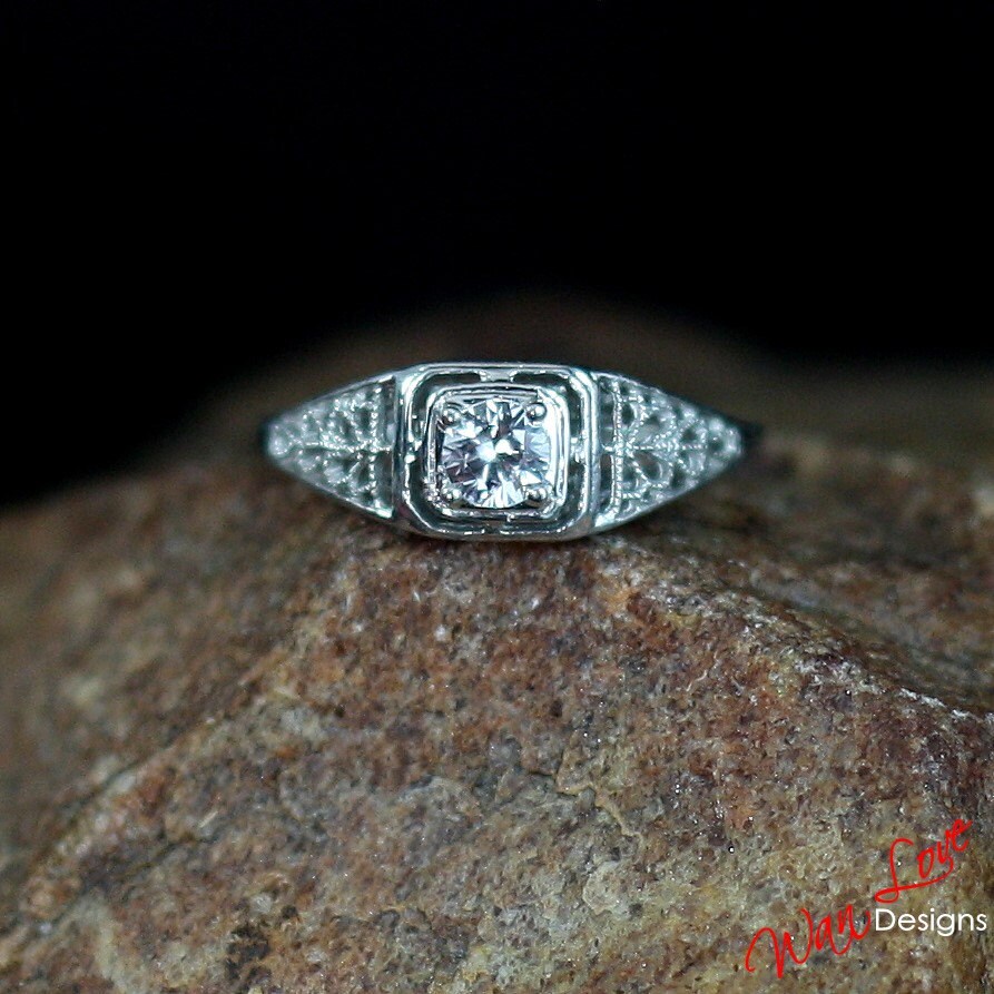 Vintage White Sapphire Engagement Ring Round Filigree Milgrain Solitaire Round ring .5ct dainty antique wedding aniversary ring gift for her