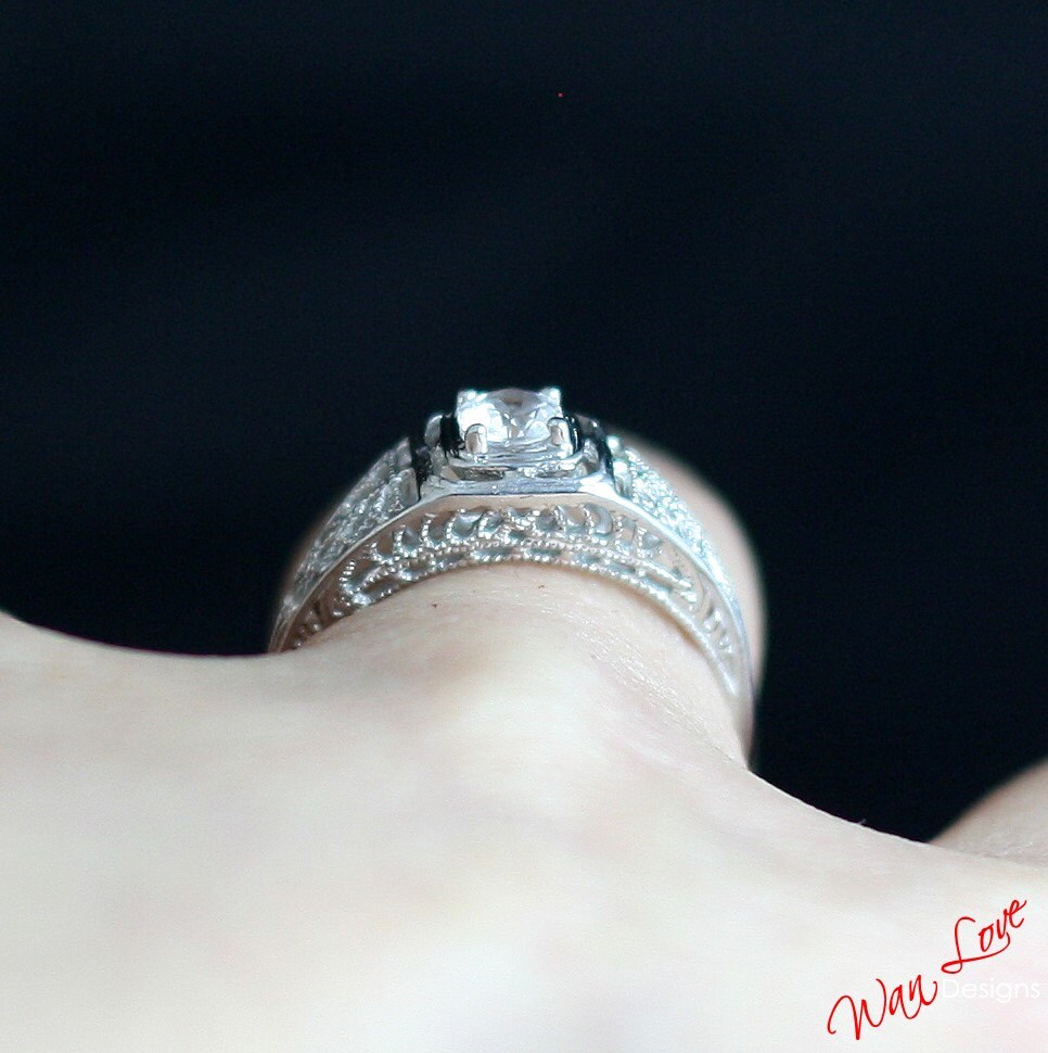 Vintage White Sapphire Engagement Ring Round Filigree Milgrain Solitaire Round ring .5ct dainty antique wedding aniversary ring gift for her