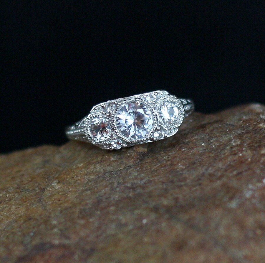 White Sapphire Antique Filigree 3 Stone Round Engagement Ring-.5ct-.75ct-5mm-3mm-Silver Rhodium-Wedding-Anniversary-Ready to ship