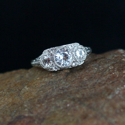 White Sapphire Antique Filigree 3 Stone Round Engagement Ring-.5ct-.75ct-5mm-3mm-Silver Rhodium-Wedding-Anniversary-Ready to ship