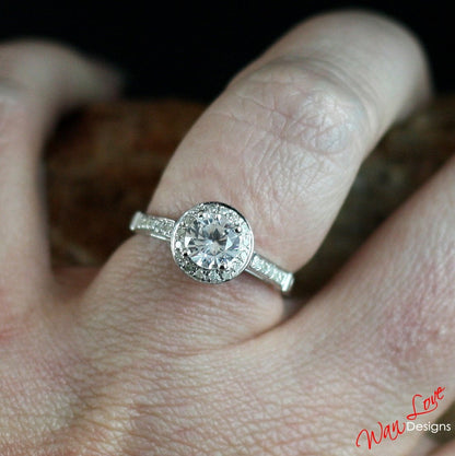 White Sapphire & Diamond Round Halo Engagement Ring, Channel prong set, 1ct, 6mm, Wedding, Anniversary Gift-Ready to Ship