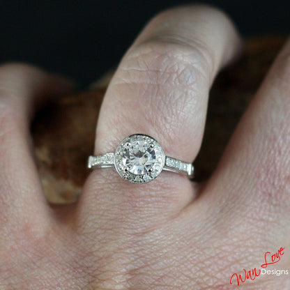 White Sapphire & Diamond Round Halo Engagement Ring, Channel prong set, 1ct, 6mm, Wedding, Anniversary Gift-Ready to Ship