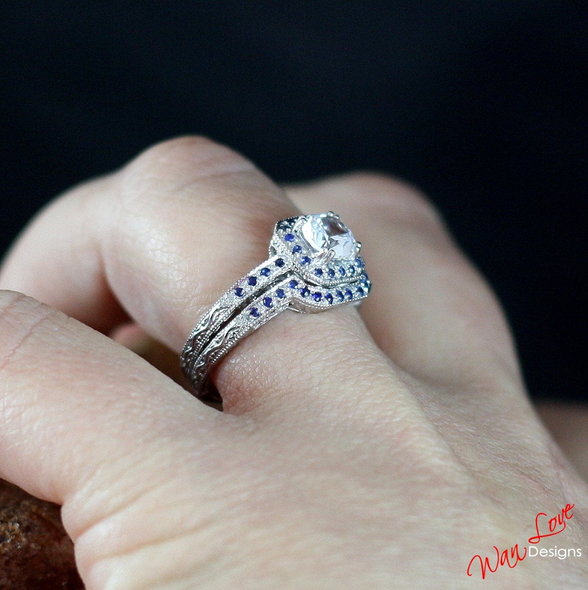 White & Blue Sapphire Cushion Halo Engagement Ring Set Antique Curved Wedding Band 1ct Round white sapphire Filigree ring set Promise ring