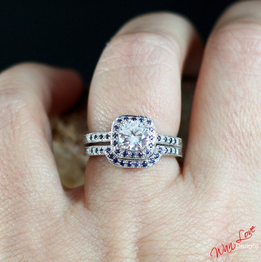White & Blue Sapphire Cushion Halo Engagement Ring Set Antique Curved Wedding Band 1ct Round white sapphire Filigree ring set Promise ring