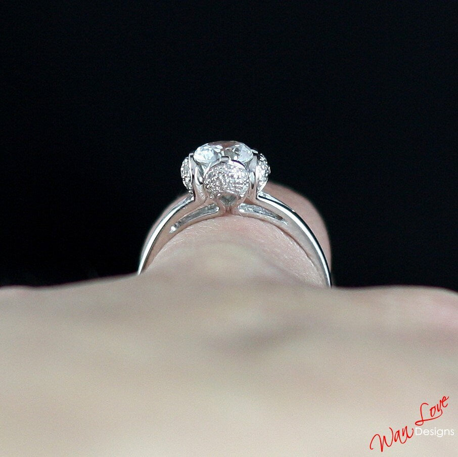 White Sapphire & Diamond Tulip Flower Split Shank Engagement Ring-Round-1ct 6mm-Silver Rhodium-Wedding-Anniversary Gift-Ready to ship