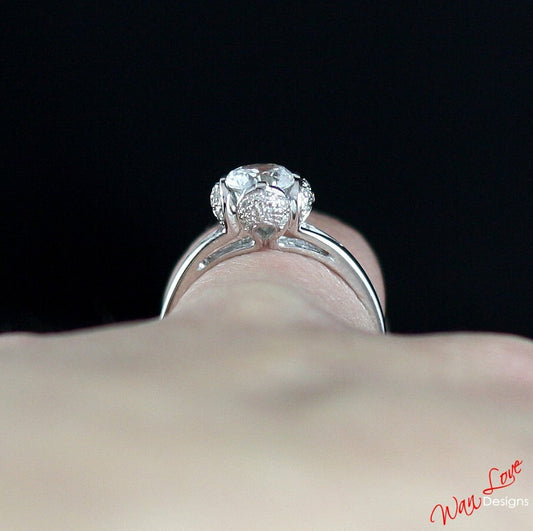 White Sapphire & Diamond Tulip Flower Split Shank Engagement Ring-Round-1ct 6mm-Silver Rhodium-Wedding-Anniversary Gift-Ready to ship