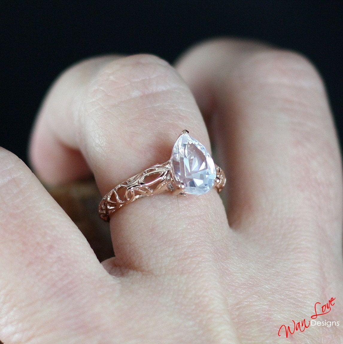 White Sapphire Pear Filigree Solitaire Engagement Ring Custom made size-Wedding-Anniversary Gift-Commitment Ring-Push Present
