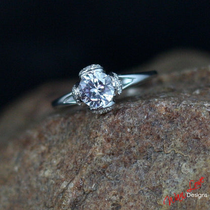 White Sapphire & Diamond Tulip Flower Split Shank Engagement Ring-Round-1ct 6mm-Silver Rhodium-Wedding-Anniversary Gift-Ready to ship