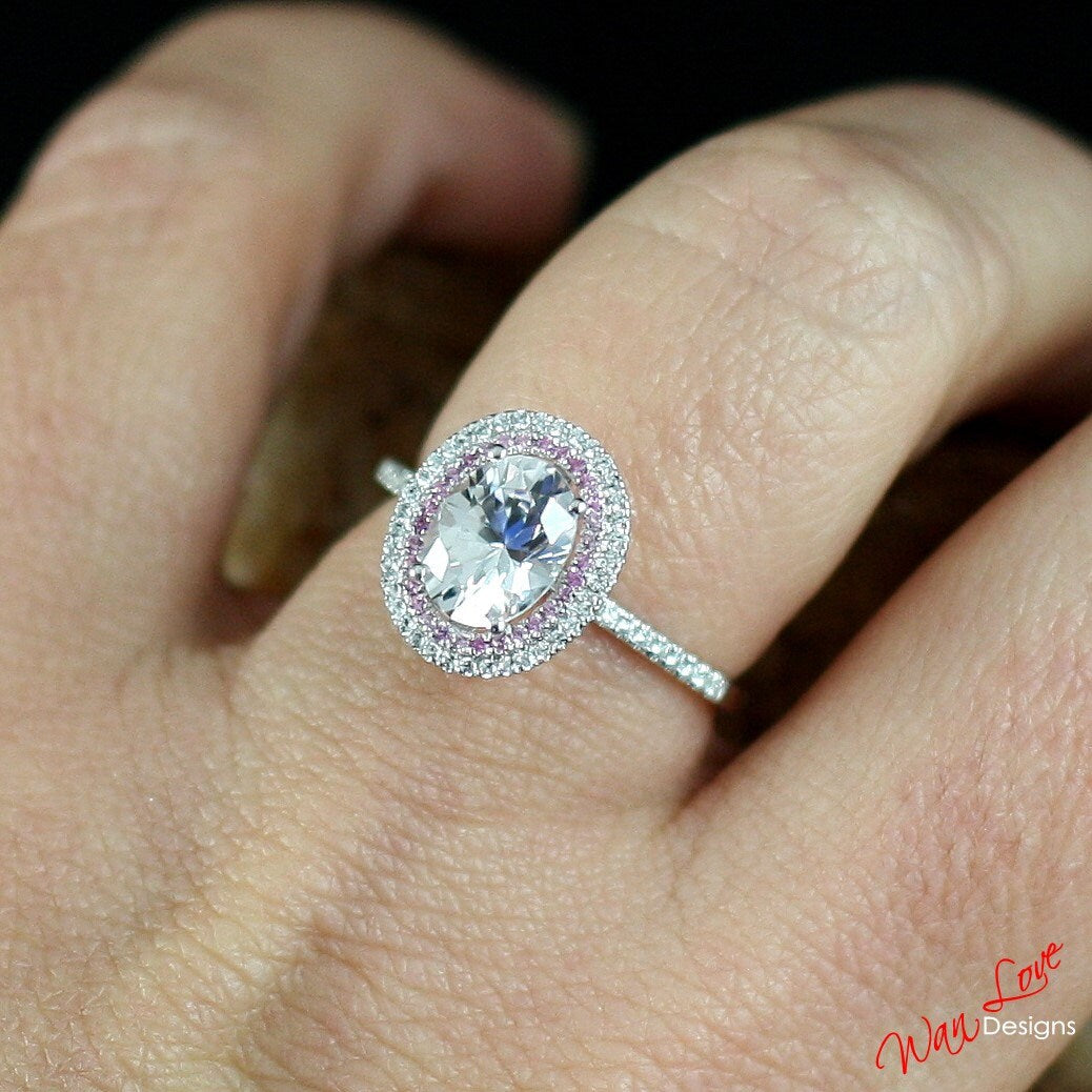 White & Pink Sapphire Oval 2 Double Halo Engagement Ring 2ct art deco ring vintage bridal Wedding ring Anniversary Gift Basket-Ready to ship