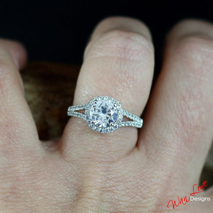 Vintage White Sapphire engagement ring round cut split shank ring sapphire halo ring wedding unique Anniversary promise ring bridal Ready