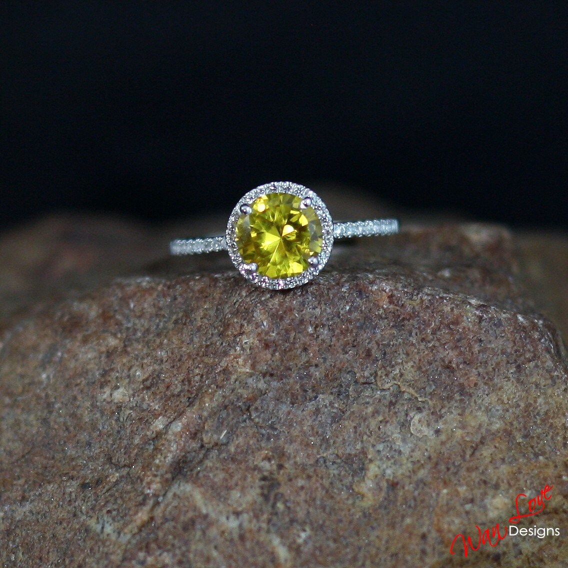 Yellow & White Sapphire Round Halo Engagement Ring, 1 ct, 6mm, Silver Rhodium, Wedding, Anniversary Gift, Proposal, Ready to ship